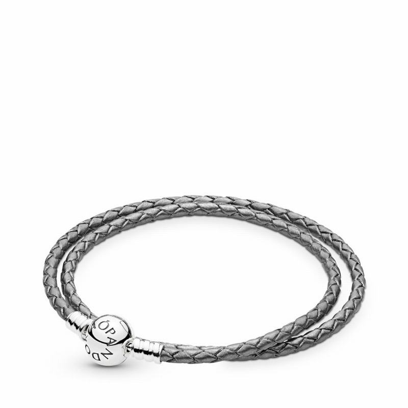 Pandora grey Braided Double-Leather Charm Bracelet Silver Egypt YL4239758